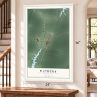 Mathews, Virginia map, 24 x 36 inch print in a white frame by a staircase