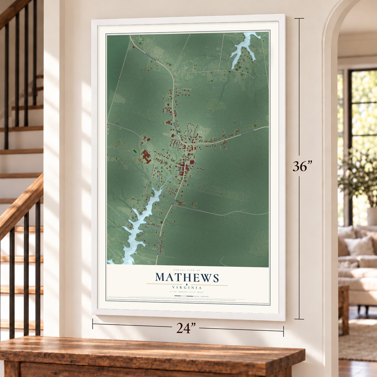 Mathews, Virginia map, 24 x 36 inch print in a white frame by a staircase