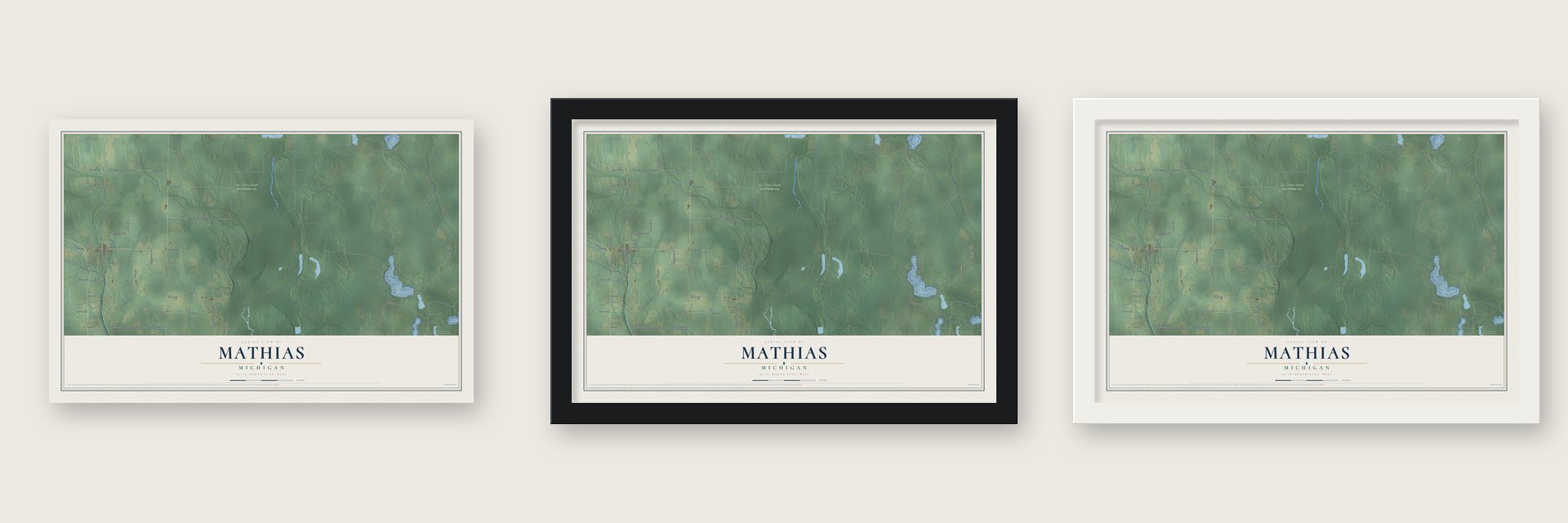 Mathias, Michigan map unframed, in a black wood frame and in a white wood frame