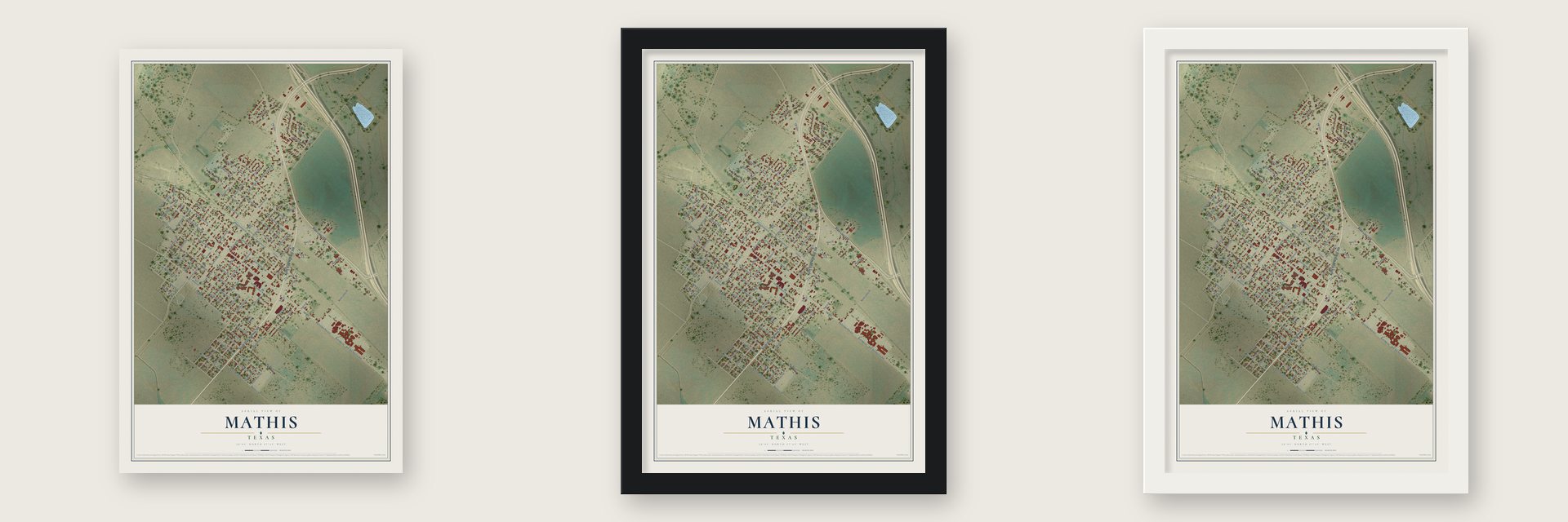 Mathis, Texas map unframed, in a black wood frame and in a white wood frame