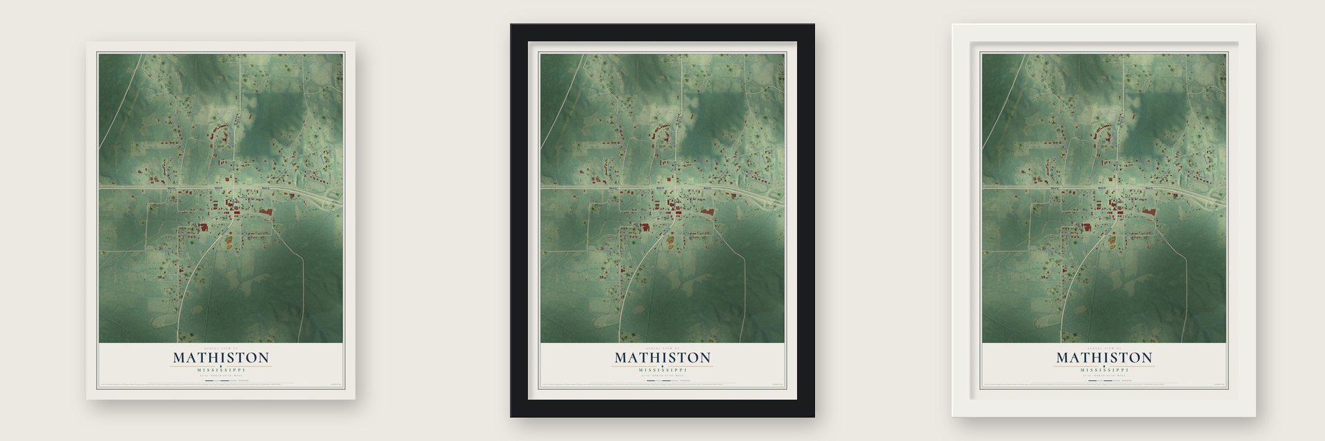 Mathiston, Mississippi map unframed, in a black wood frame and in a white wood frame