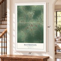 Mathiston, Mississippi map, 24 x 36 inch print in a white frame by a staircase