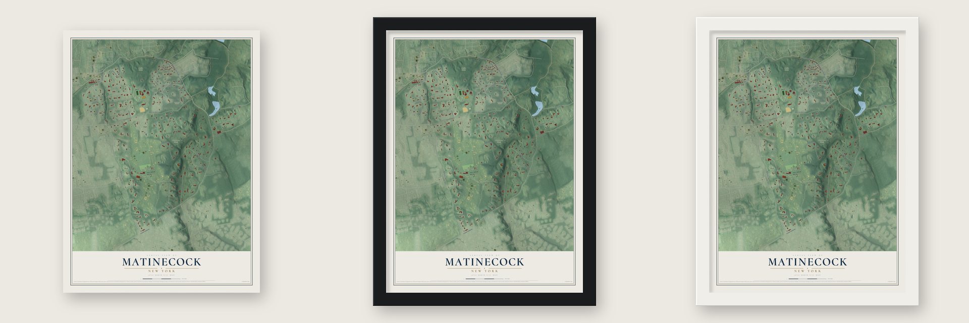 Matinecock, New York map unframed, in a black wood frame and in a white wood frame