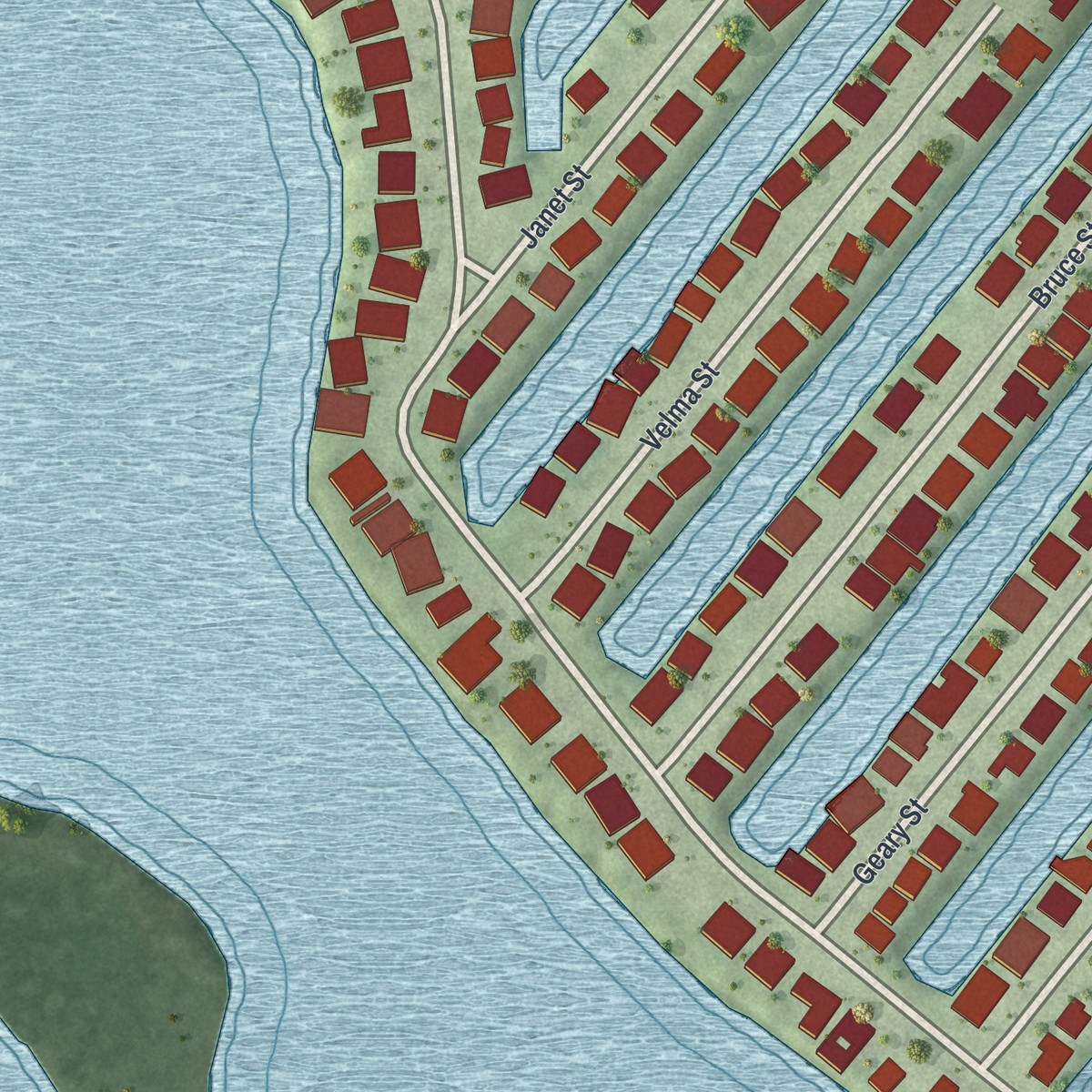 Second close-up of the map of Matlacha, Florida print showing more streets and buildings