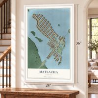 Matlacha, Florida map, 24 x 36 inch print in a white frame by a staircase