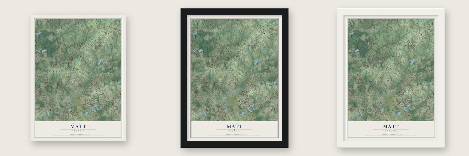 Matt, Georgia map unframed, in a black wood frame and in a white wood frame