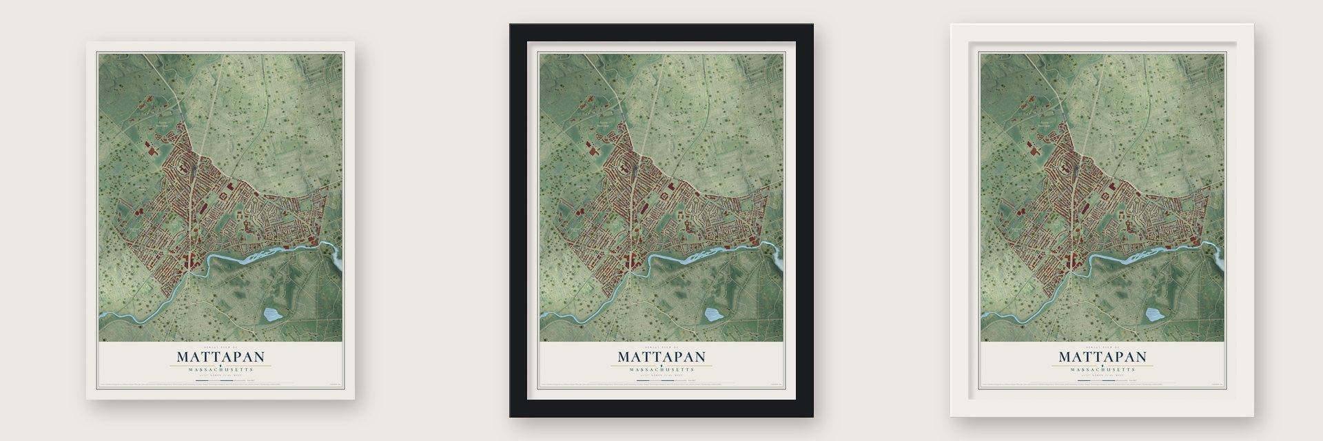 Mattapan, Massachusetts map unframed, in a black wood frame and in a white wood frame