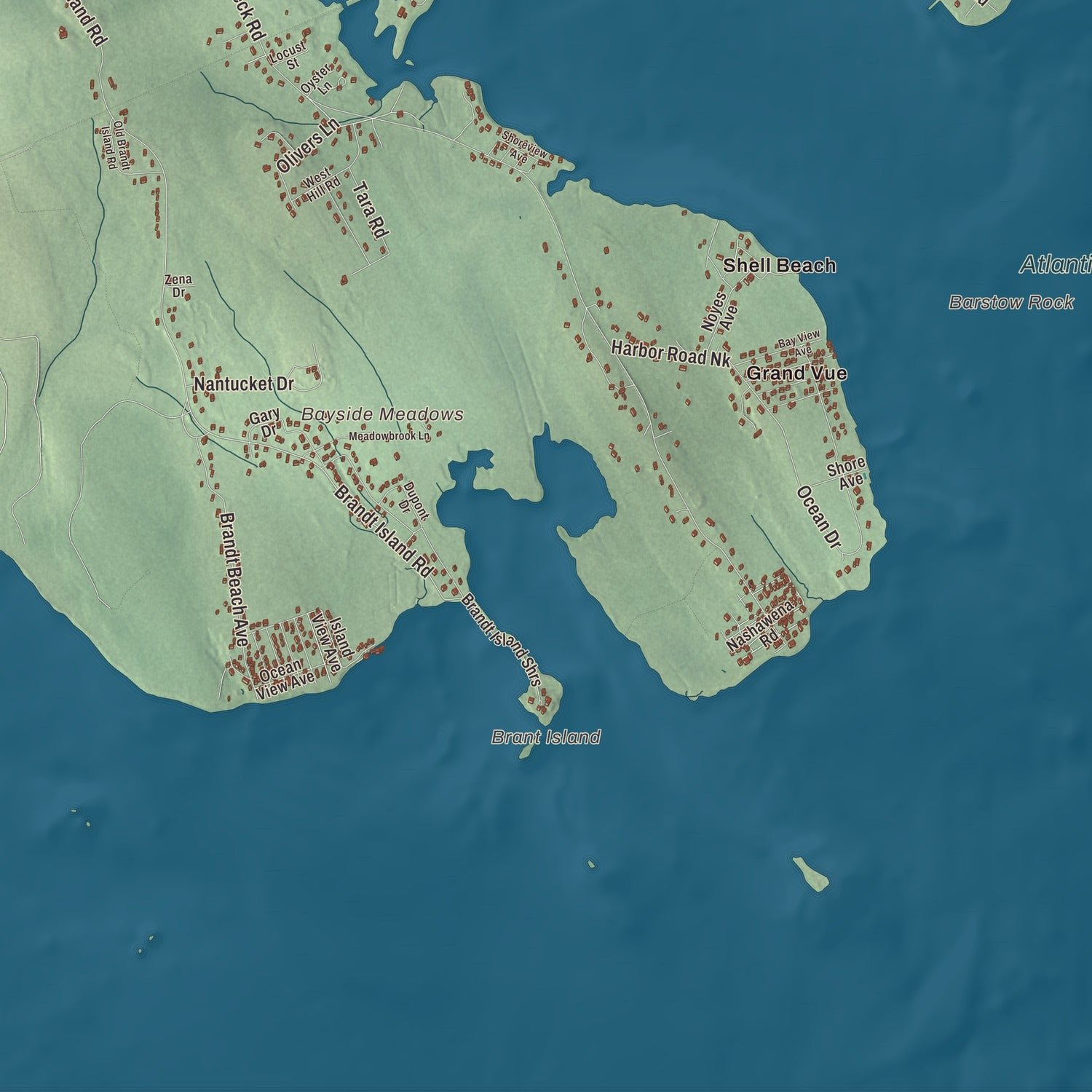 Close-up of the map of Mattapoisett, Massachusetts print showing terrain and local geography