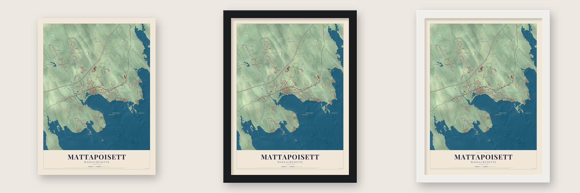 Mattapoisett, Massachusetts map unframed, in a black wood frame and in a white wood frame