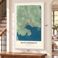 Mattapoisett, Massachusetts map, 24 x 36 inch print in a white frame by a staircase