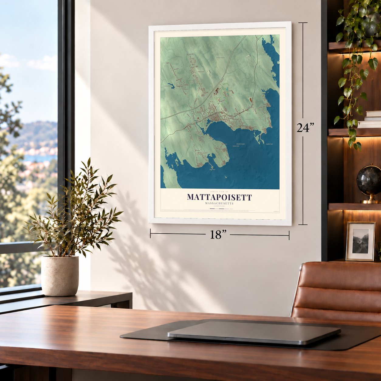 Mattapoisett, Massachusetts map, 18 x 24 inch print in a white frame in a home office