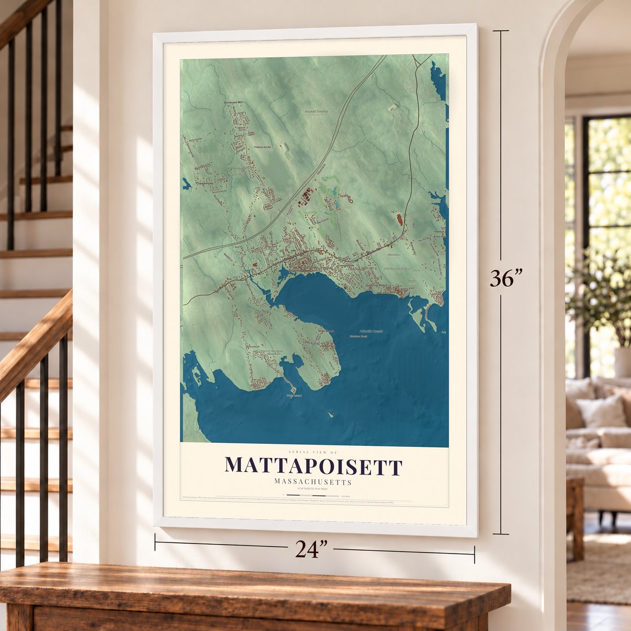 Mattapoisett, Massachusetts map, 24 x 36 inch print in a white frame by a staircase