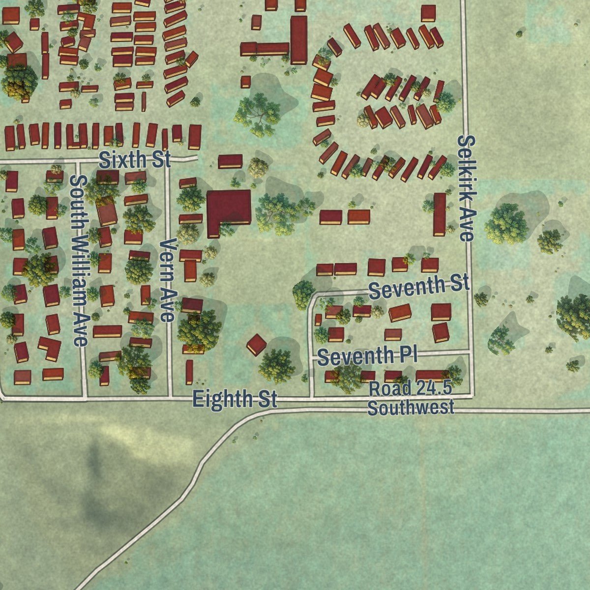 Second close-up of the map of Mattawa, Washington print showing more streets and buildings