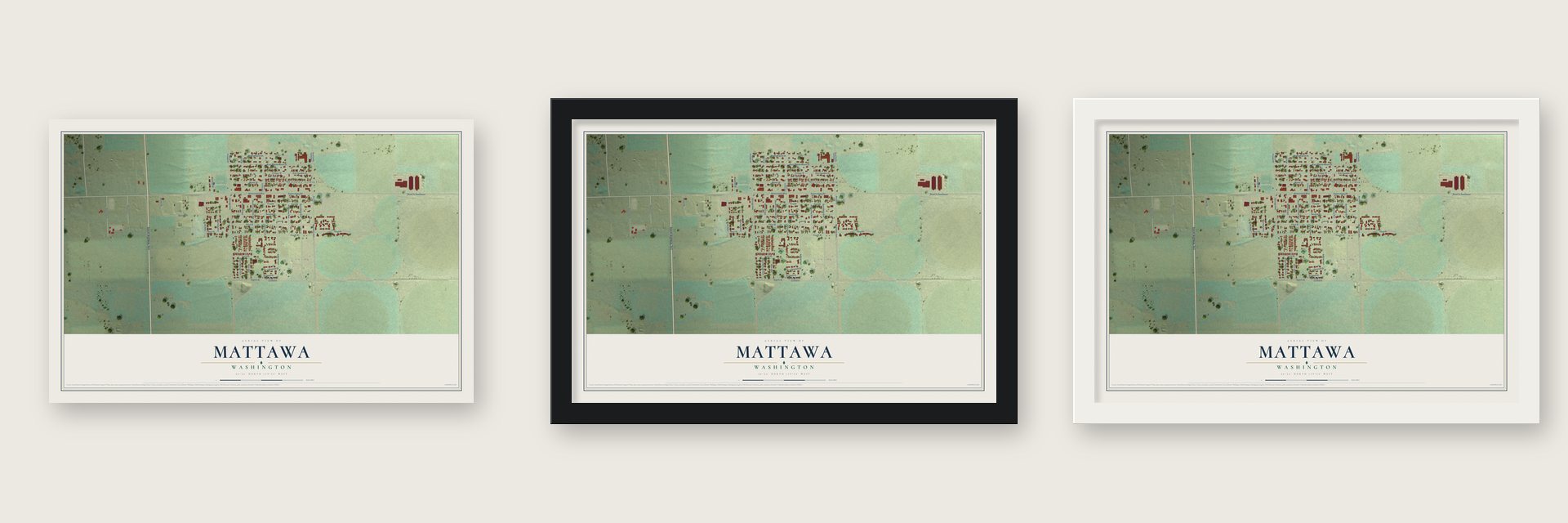 Mattawa, Washington map unframed, in a black wood frame and in a white wood frame