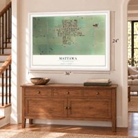 Mattawa, Washington map, 24 x 36 inch print in a white frame above a dresser by a staircase