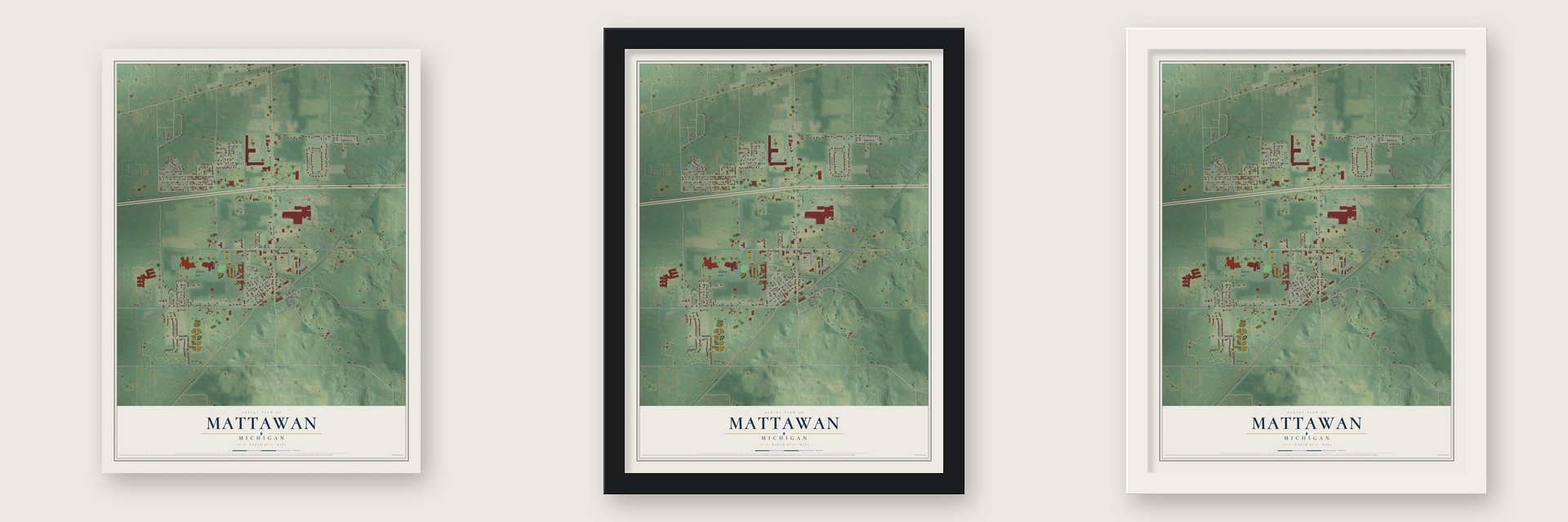 Mattawan, Michigan map unframed, in a black wood frame and in a white wood frame
