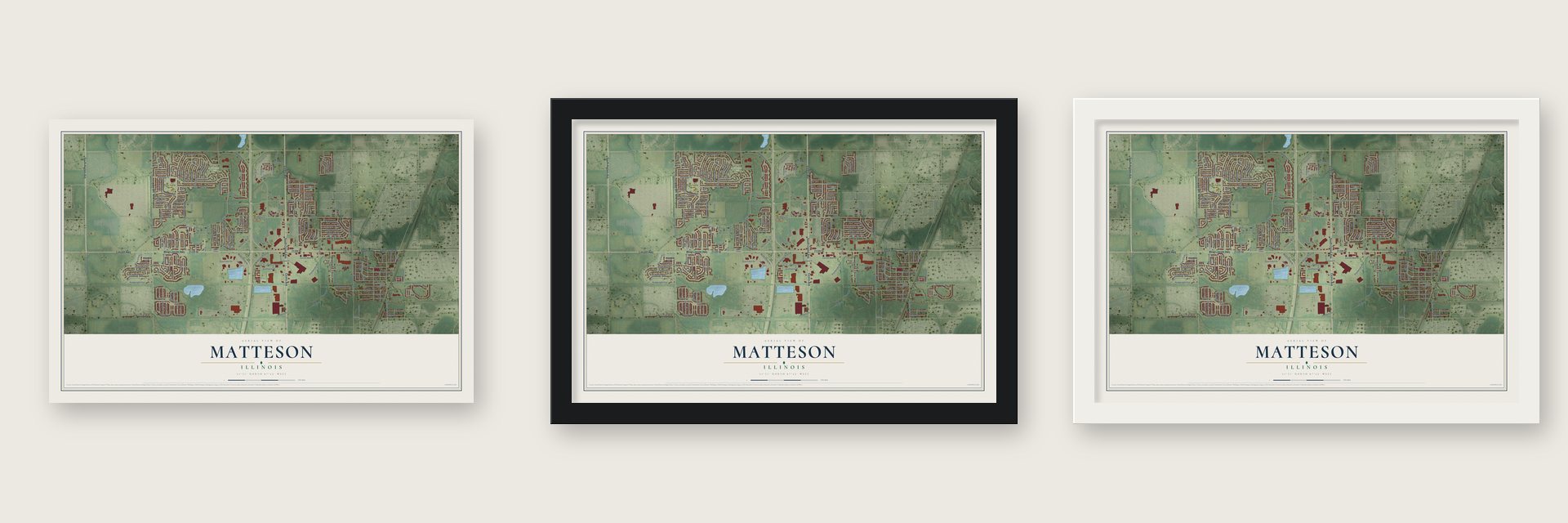 Matteson, Illinois map unframed, in a black wood frame and in a white wood frame