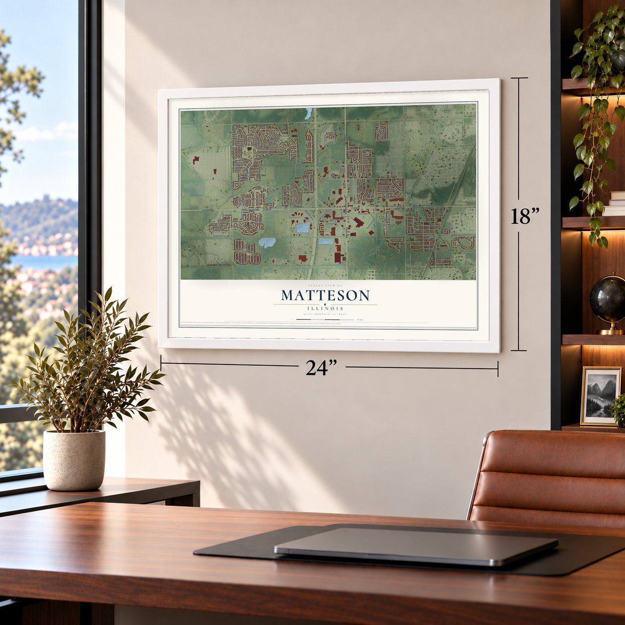 Matteson, Illinois map, 18 x 24 inch print in a white frame in a home office