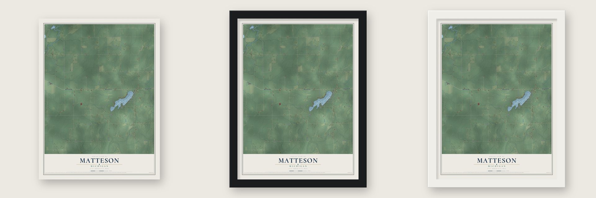 Matteson, Michigan map unframed, in a black wood frame and in a white wood frame