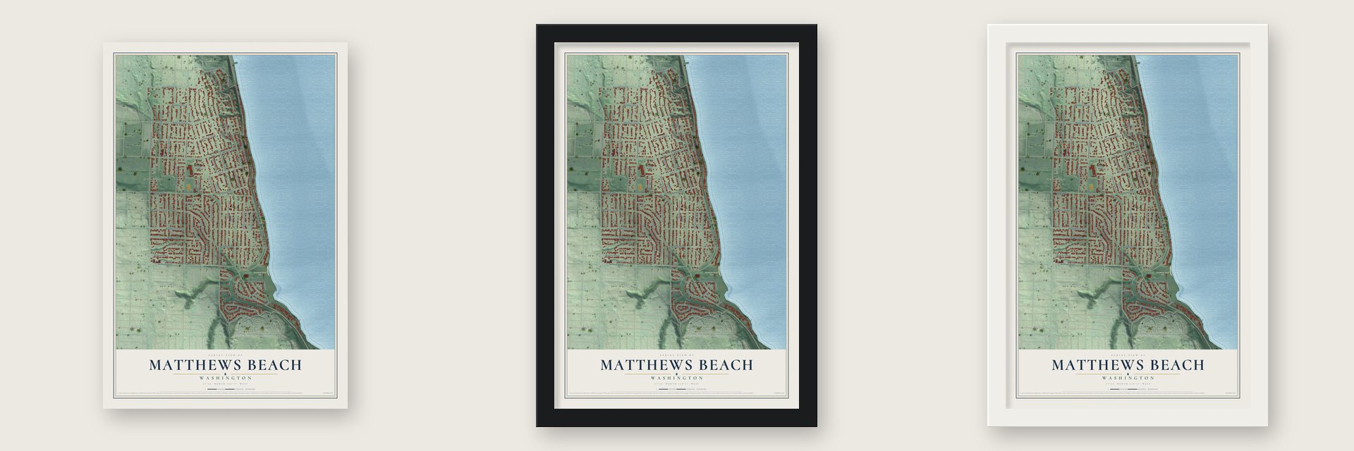 Matthews Beach, Washington map unframed, in a black wood frame and in a white wood frame