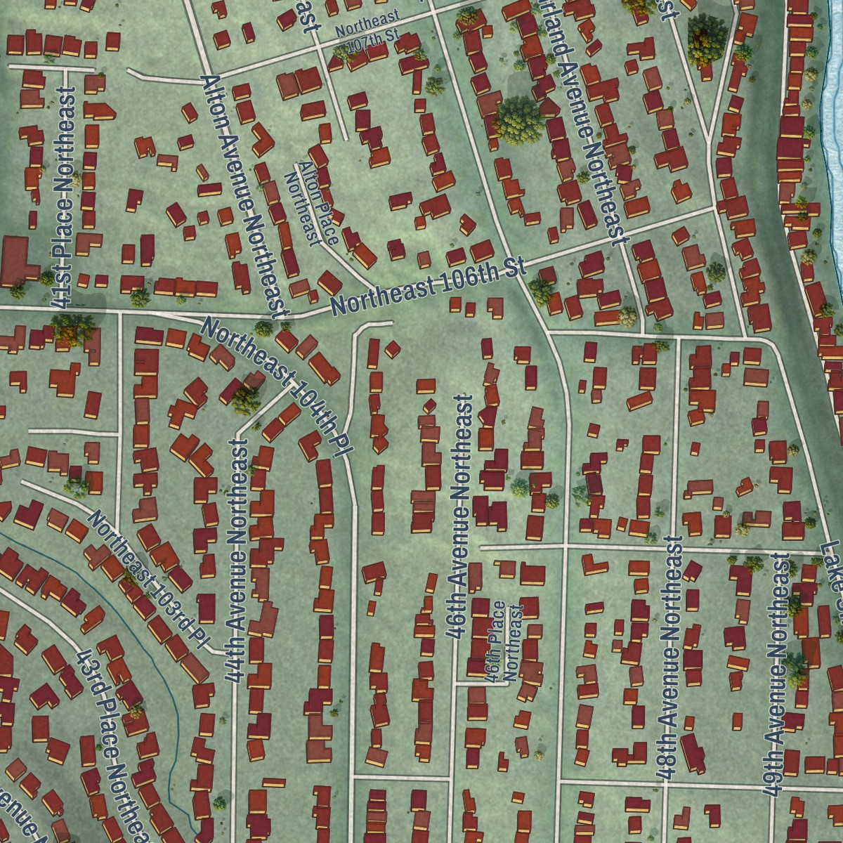 Second close-up of the map of Matthews Beach, Washington print showing more streets and buildings