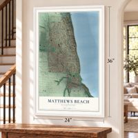 Matthews Beach, Washington map, 24 x 36 inch print in a white frame by a staircase