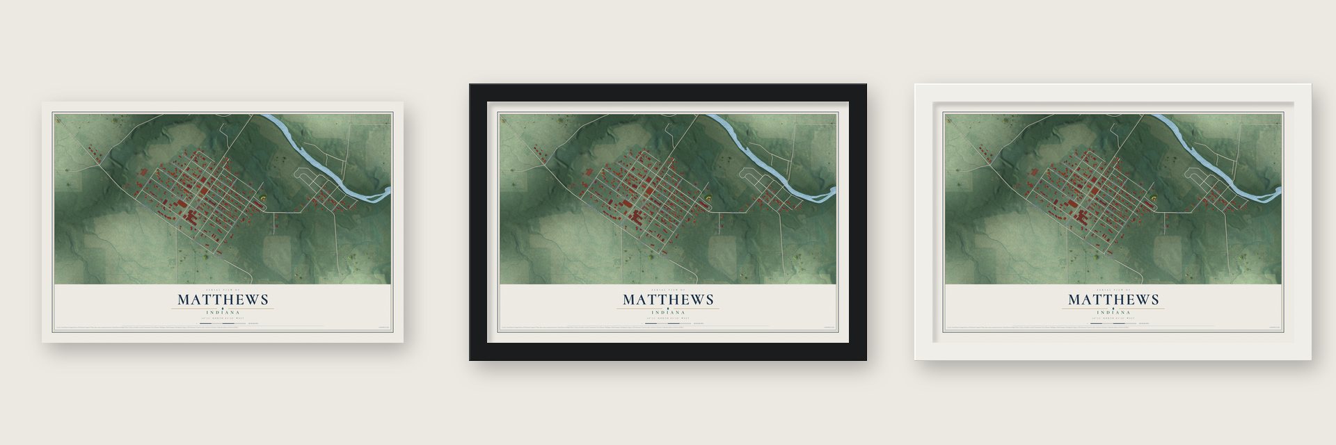 Matthews, Indiana map unframed, in a black wood frame and in a white wood frame