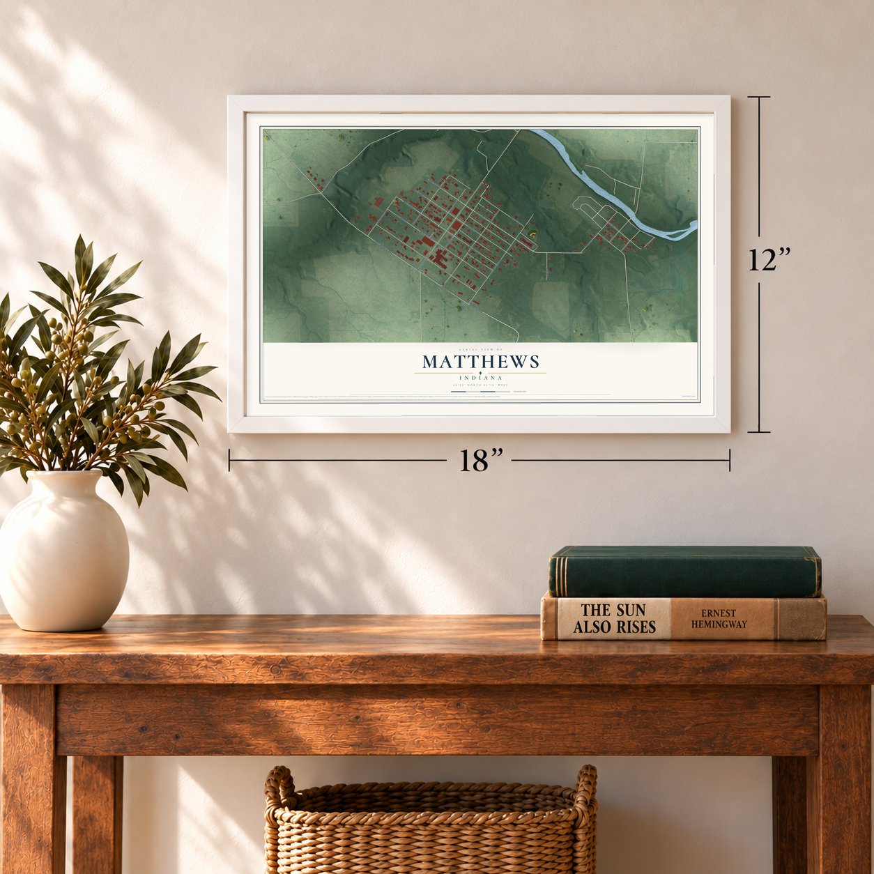 Matthews, Indiana map, 12 x 18 inch print in a white frame in an entryway