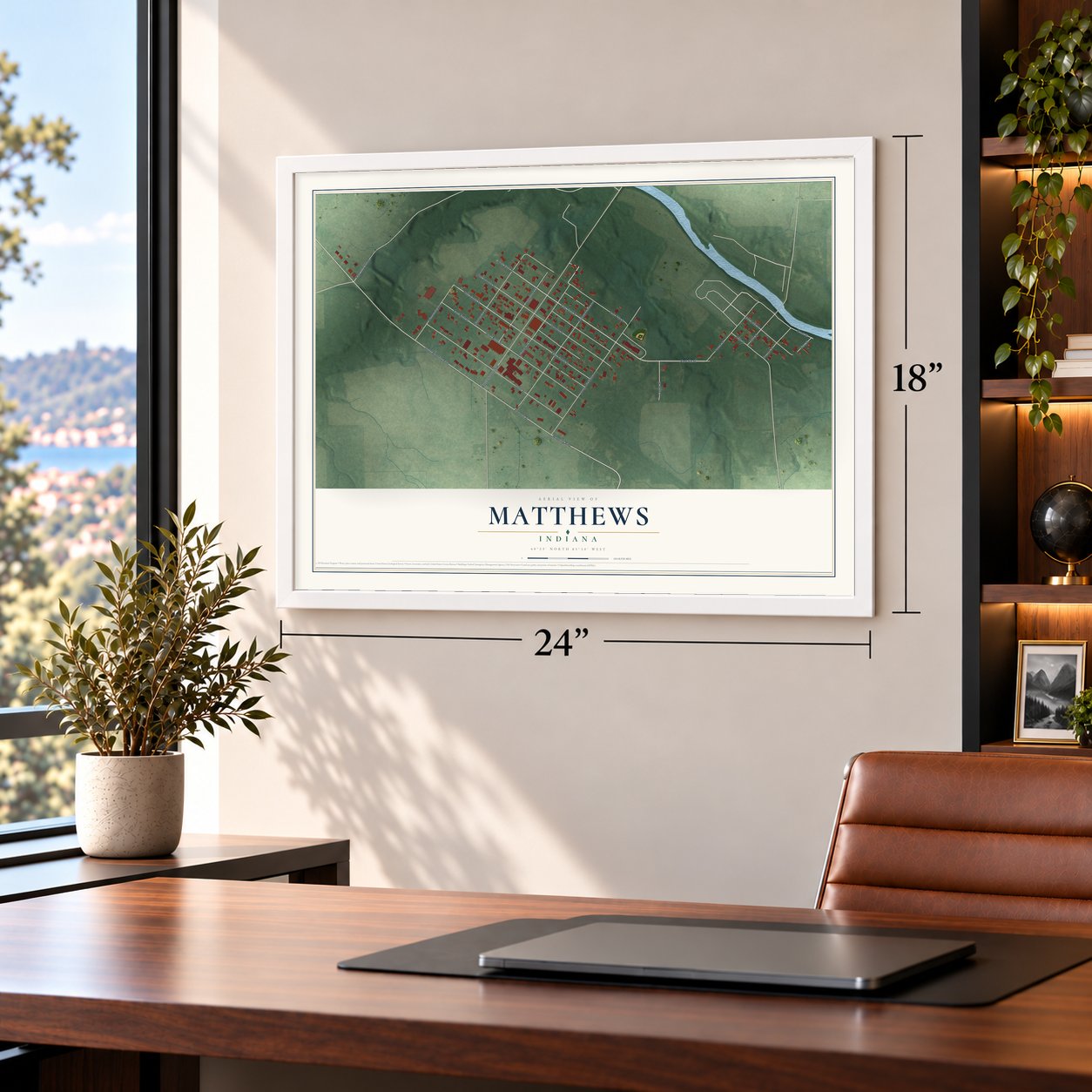 Matthews, Indiana map, 18 x 24 inch print in a white frame in a home office