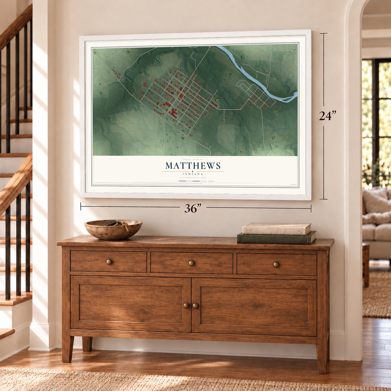 Matthews, Indiana map, 24 x 36 inch print in a white frame above a dresser by a staircase