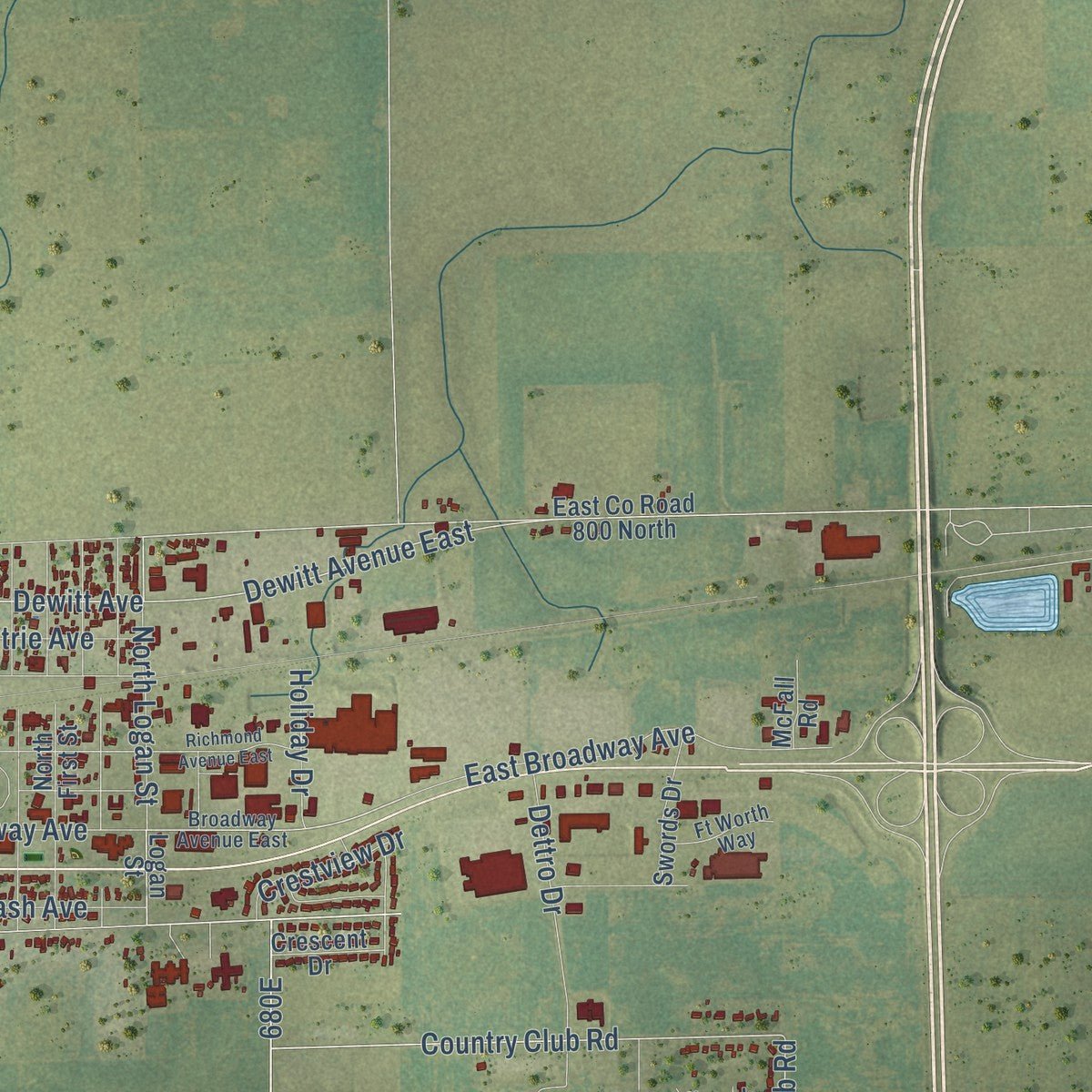 Second close-up of the map of Mattoon, Illinois print showing more streets and buildings