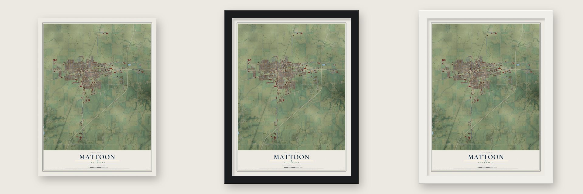Mattoon, Illinois map unframed, in a black wood frame and in a white wood frame