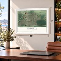 Mattydale, New York map, 18 x 24 inch print in a white frame in a home office