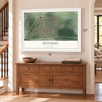 Mattydale, New York map, 24 x 36 inch print in a white frame above a dresser by a staircase