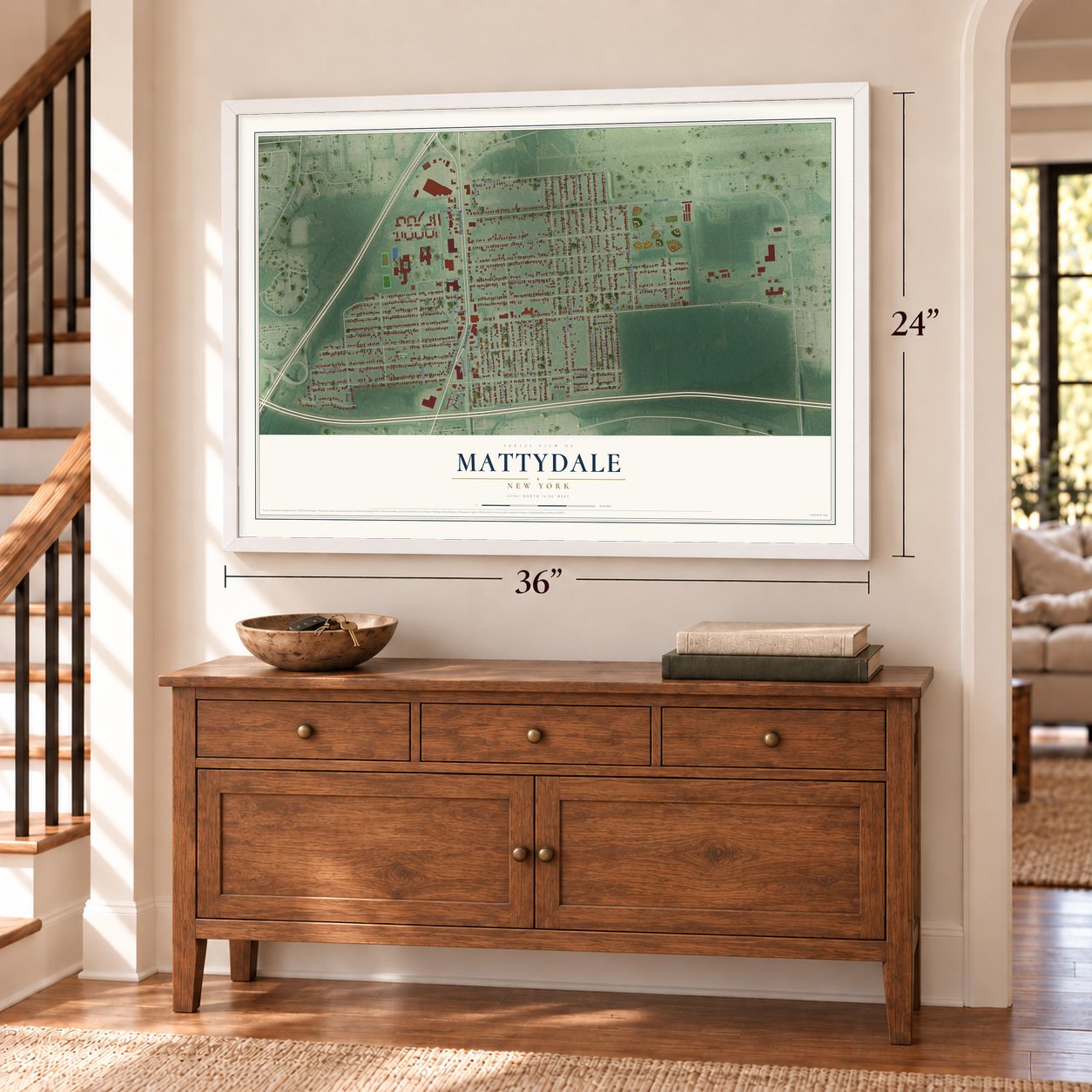 Mattydale, New York map, 24 x 36 inch print in a white frame above a dresser by a staircase