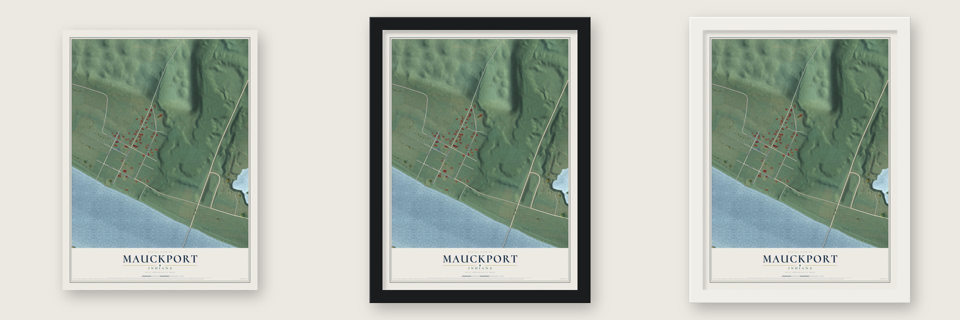 Mauckport, Indiana map unframed, in a black wood frame and in a white wood frame