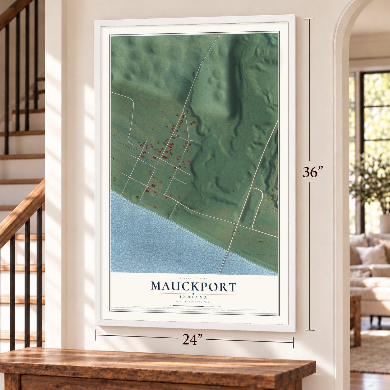 Mauckport, Indiana map, 24 x 36 inch print in a white frame by a staircase