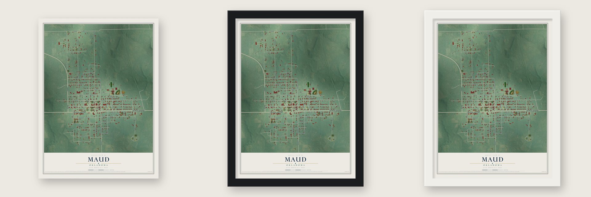 Maud, Oklahoma map unframed, in a black wood frame and in a white wood frame