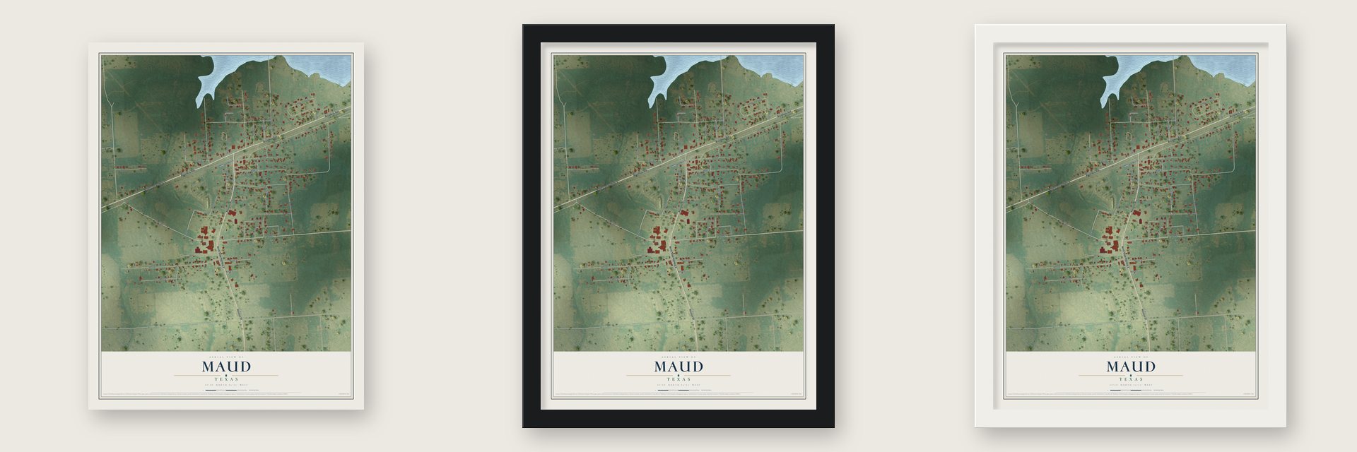 Maud, Texas map unframed, in a black wood frame and in a white wood frame
