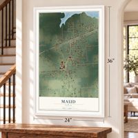 Maud, Texas map, 24 x 36 inch print in a white frame by a staircase