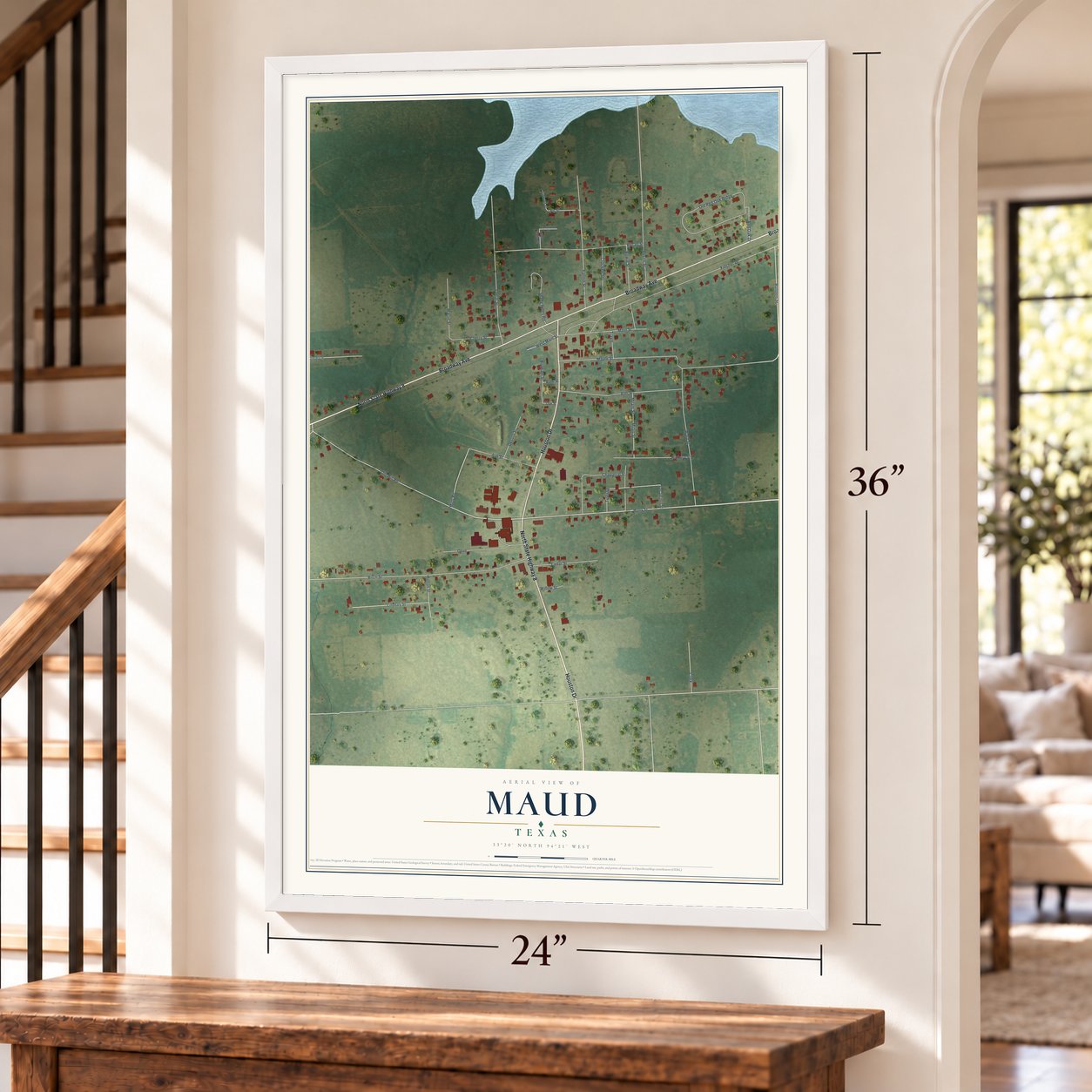 Maud, Texas map, 24 x 36 inch print in a white frame by a staircase
