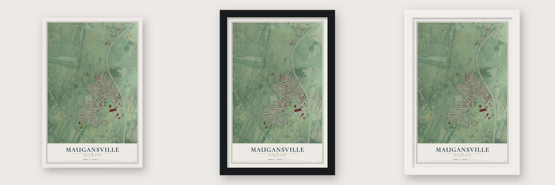 Maugansville, Maryland map unframed, in a black wood frame and in a white wood frame