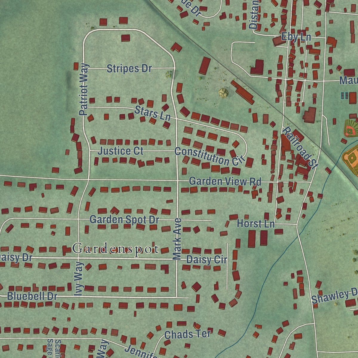 Second close-up of the map of Maugansville, Maryland print showing more streets and buildings