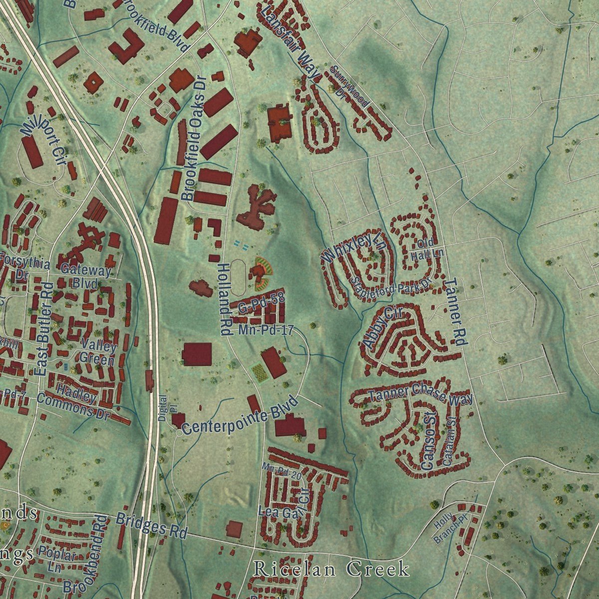 Second close-up of the map of Mauldin, South Carolina print showing more streets and buildings