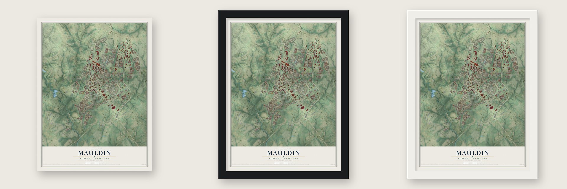 Mauldin, South Carolina map unframed, in a black wood frame and in a white wood frame