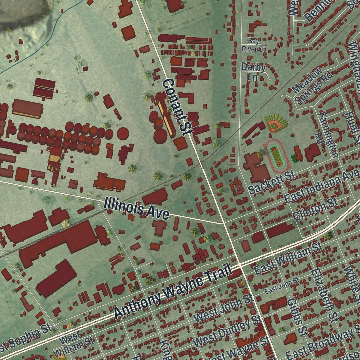 Second close-up of the map of Maumee, Ohio print showing more streets and buildings