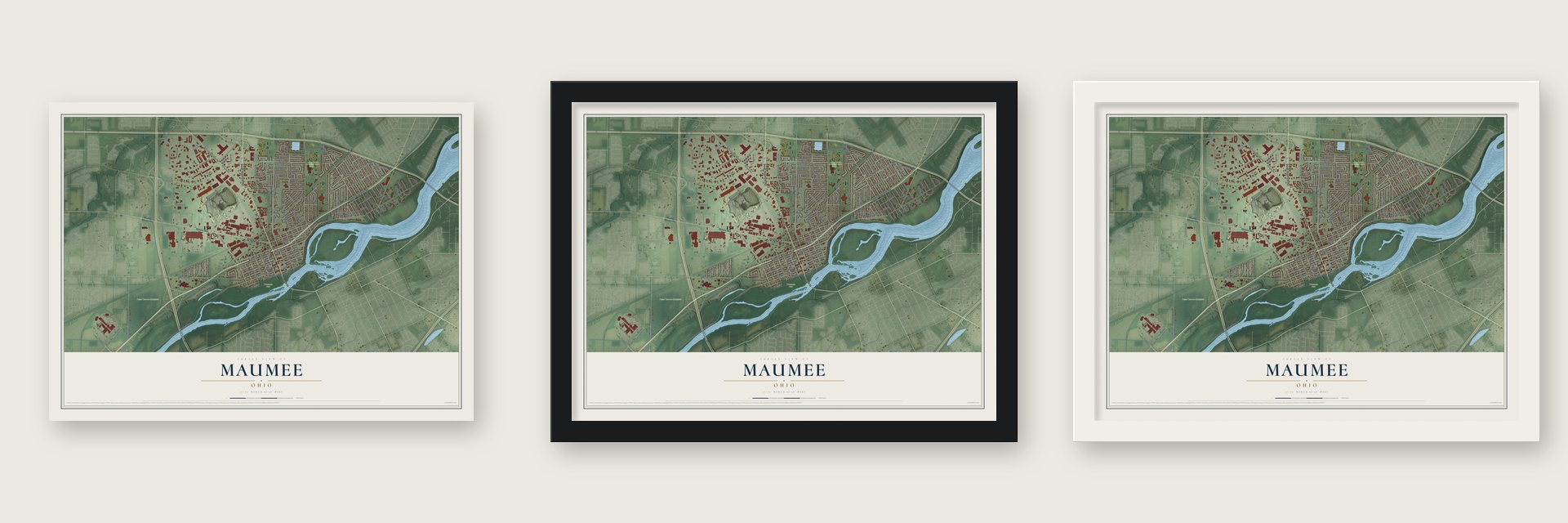 Maumee, Ohio map unframed, in a black wood frame and in a white wood frame
