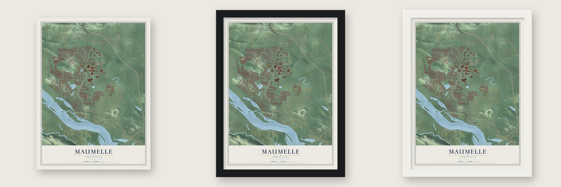 Maumelle, Arkansas map unframed, in a black wood frame and in a white wood frame