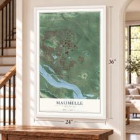 Maumelle, Arkansas map, 24 x 36 inch print in a white frame by a staircase