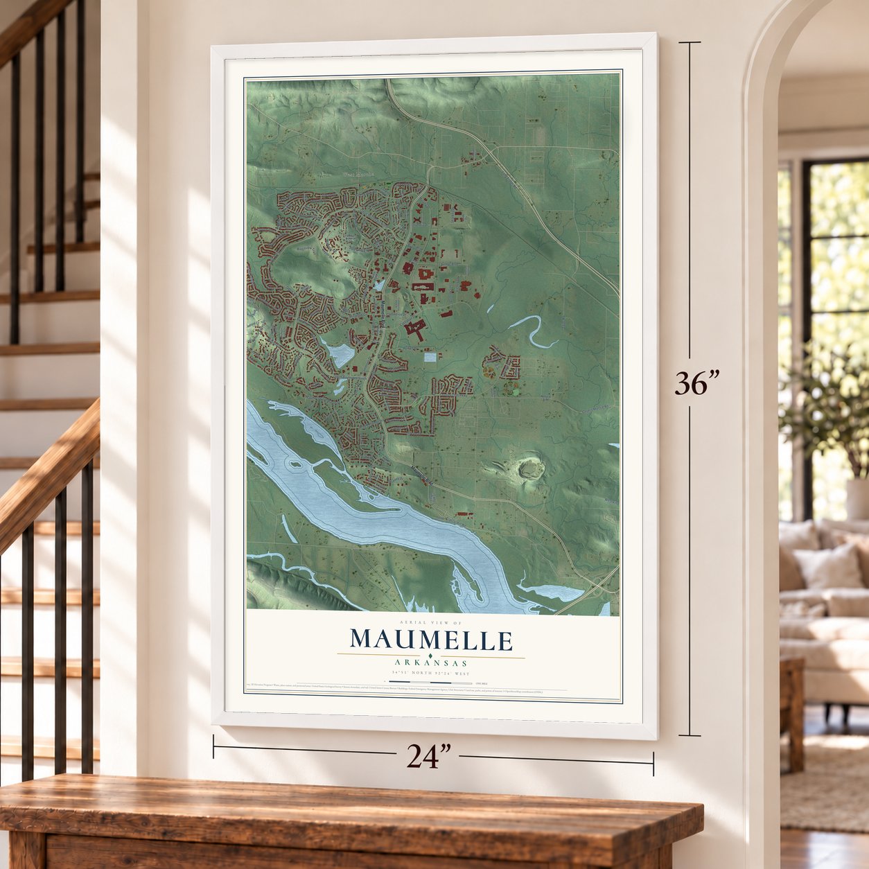 Maumelle, Arkansas map, 24 x 36 inch print in a white frame by a staircase